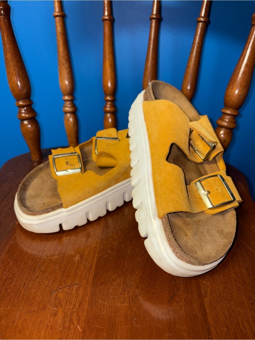 Birkenstock / Papillo Mustard Suede Double Buckle Platform Sandals
